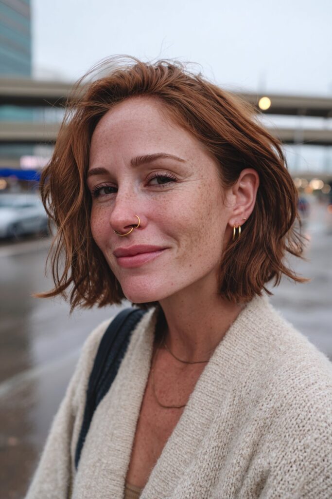 Woman with a stacked layered bob for fine hair.
