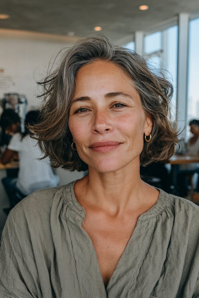 Woman wearing a stacked layered bob for thinning hair.