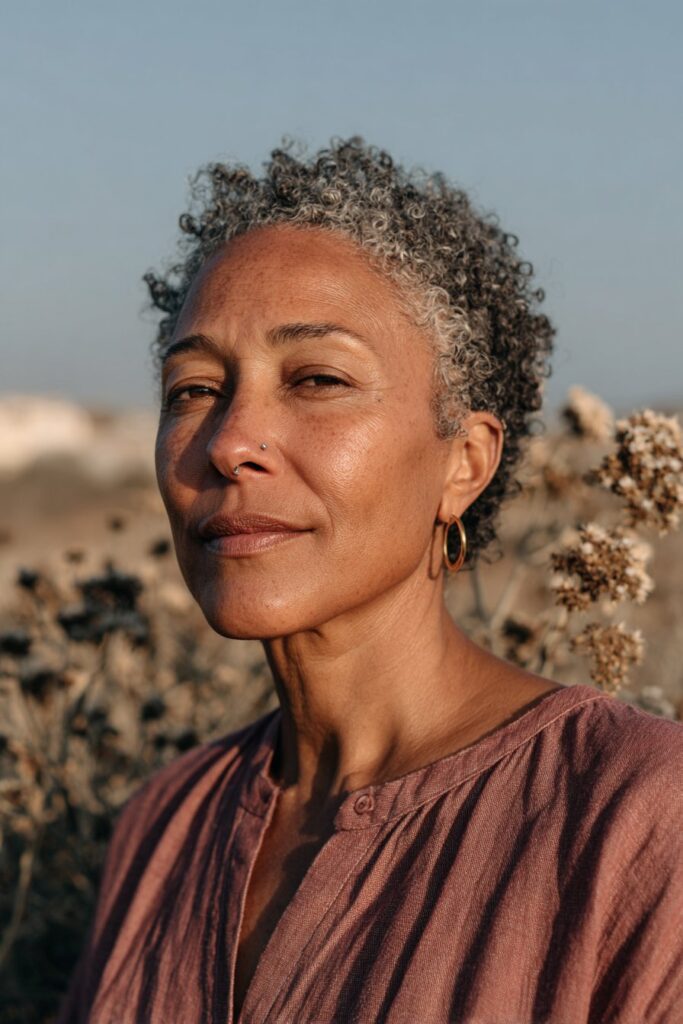 Woman with tapered crop and natural silver curls