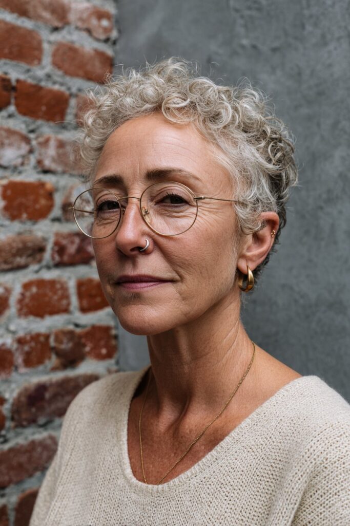 Woman over 60 wearing a tapered curly crop with defined silver curls.