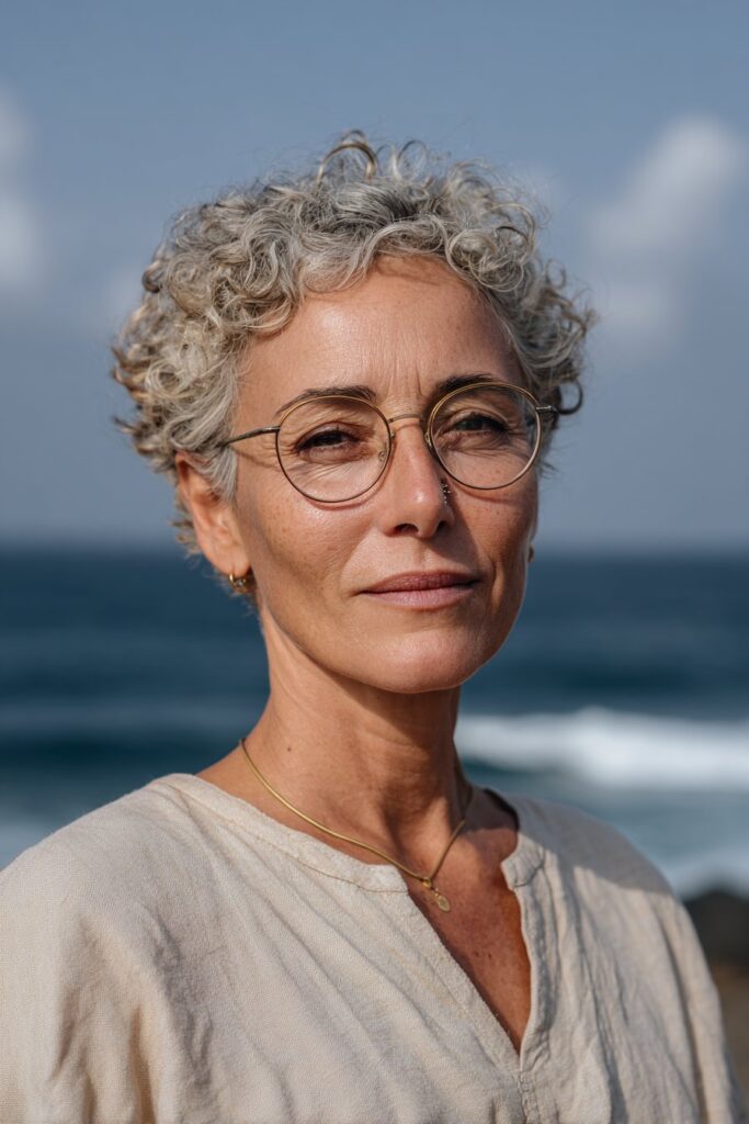 Older woman with a textured curly pixie and piecey silver curls.