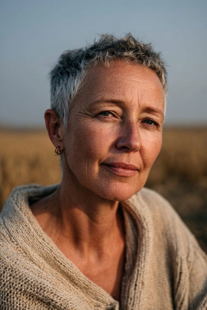 Older woman with a textured pixie cut and choppy layers