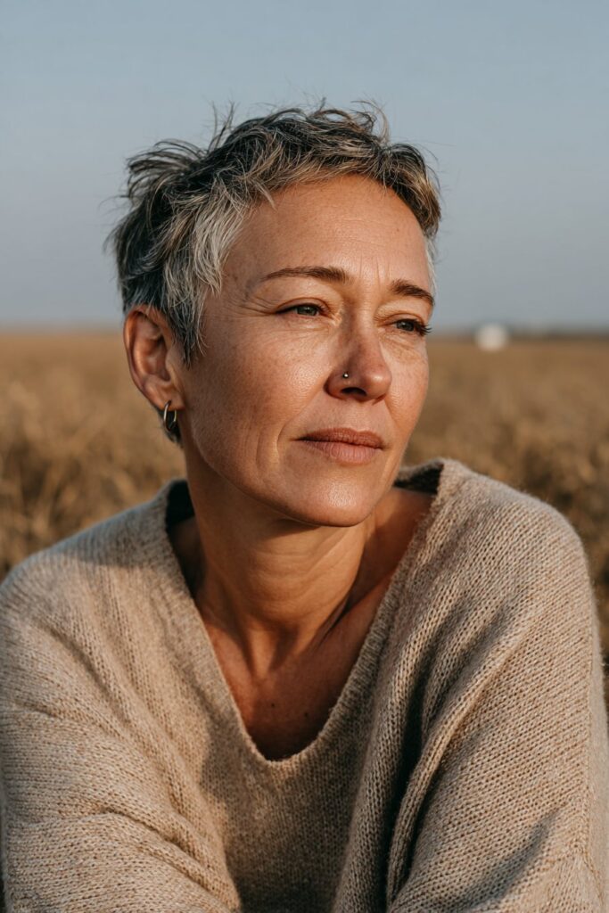 Woman with textured pixie cut and soft silver gray layers