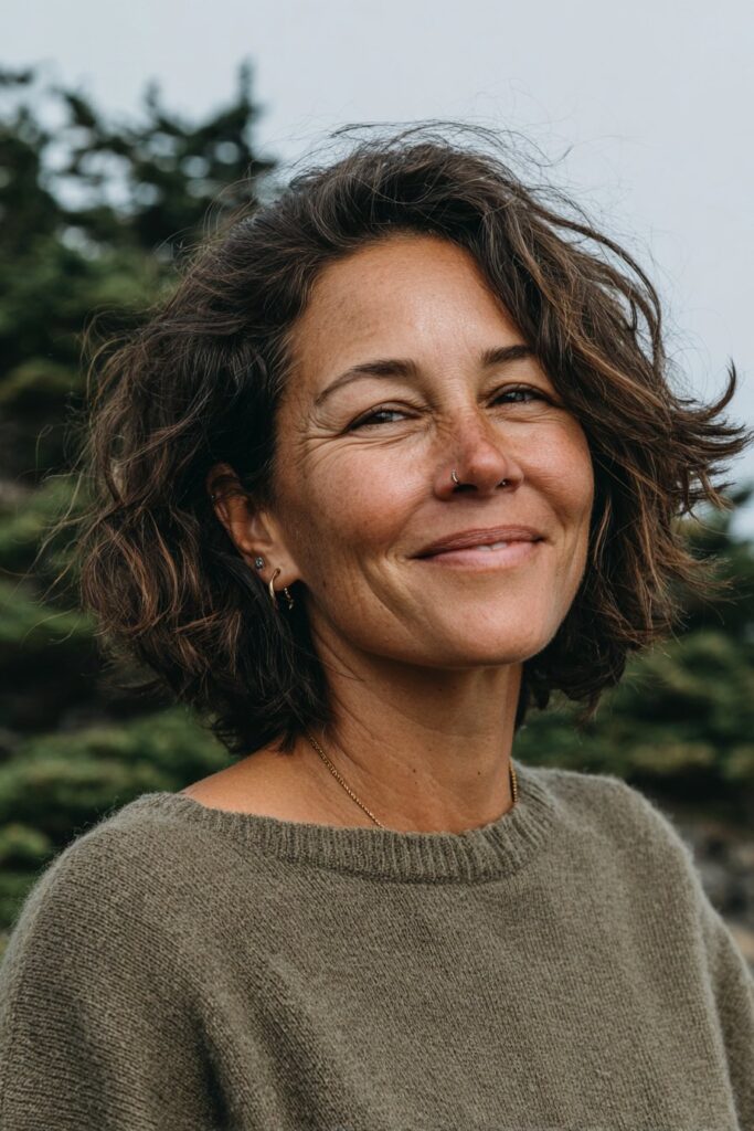 Woman over 40 with a textured shaggy layered bob and tousled hair.