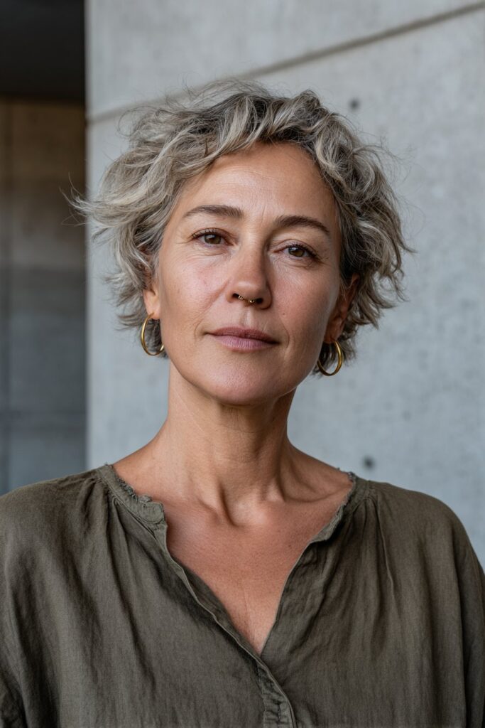Smiling woman with a textured short gray crop and tousled layers