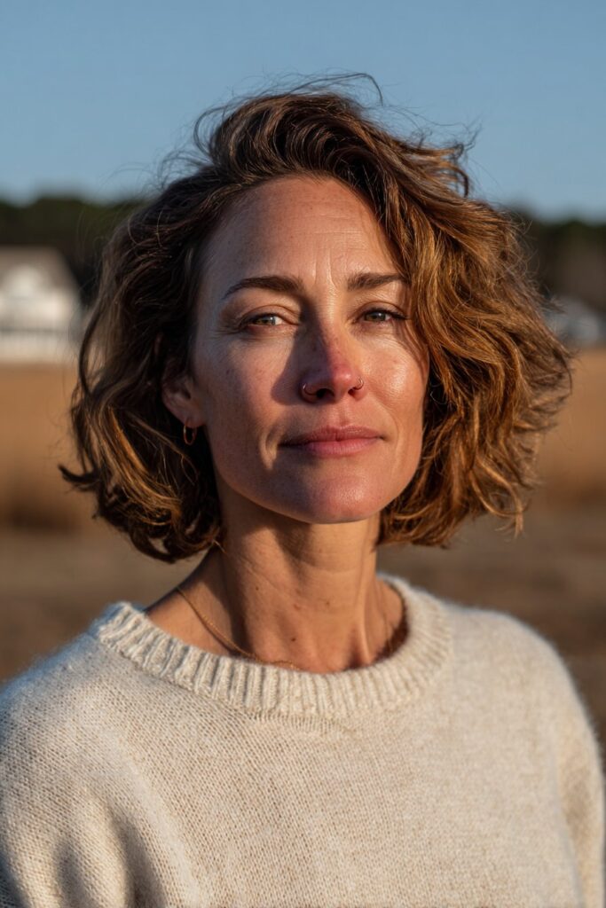 Woman over 40 with a textured wavy layered bob for fine hair.