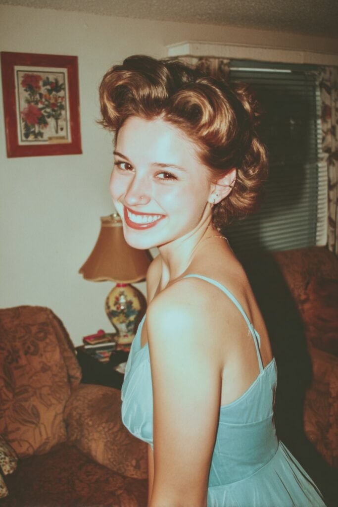 Woman with a 1950s bouffant hairstyle featuring dramatic volume and curled ends