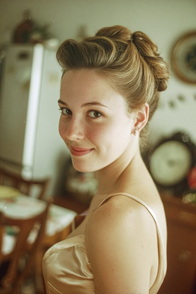 Woman with a 1950s chignon featuring a smooth low bun and elegant styling