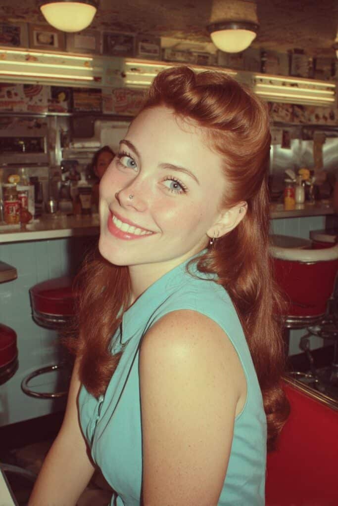 Woman with a 1950s top puff hairstyle featuring a dramatic front puff and curls