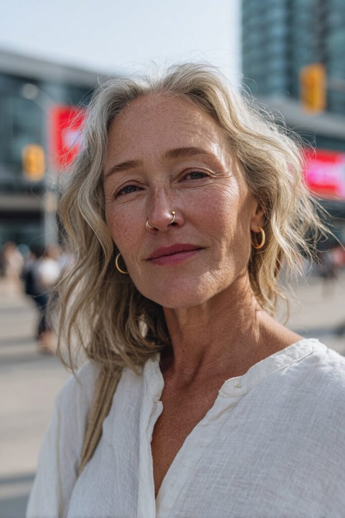 Woman over 60 with tousled beach waves and blonde hair.