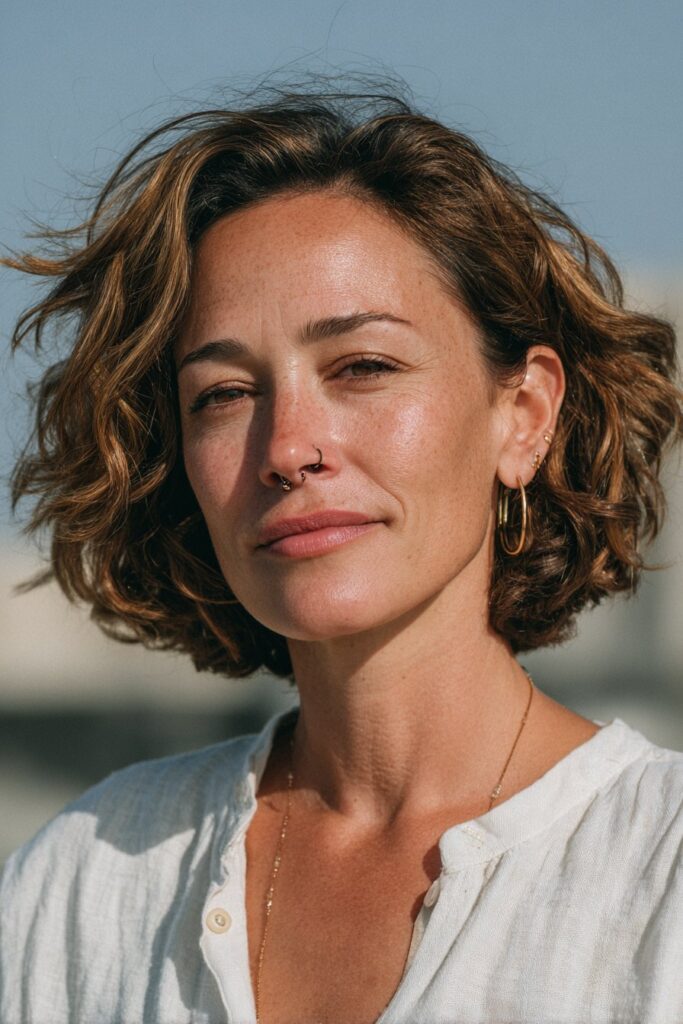 Woman with a tousled beachy layered bob and soft blonde waves.