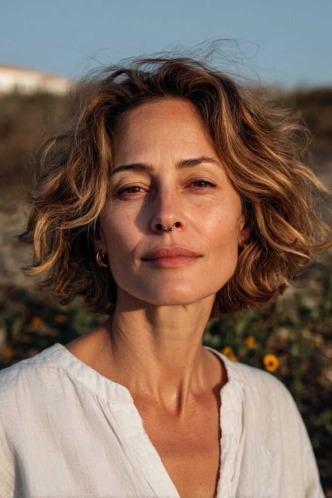 Woman with a tousled beachy layered bob and soft waves.