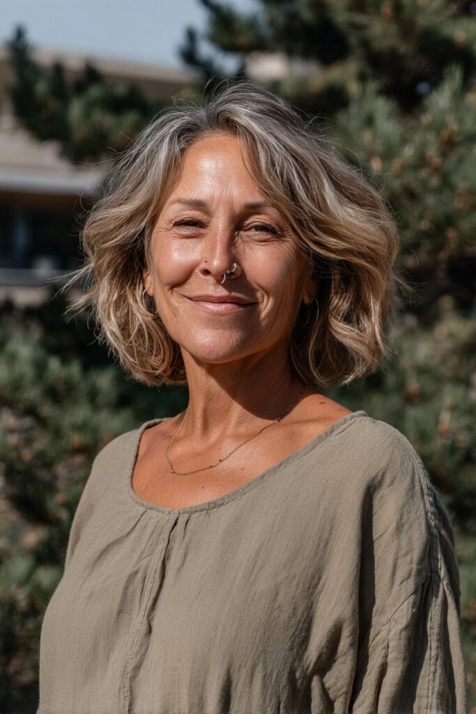 Older woman with a tousled wavy bob hairstyle