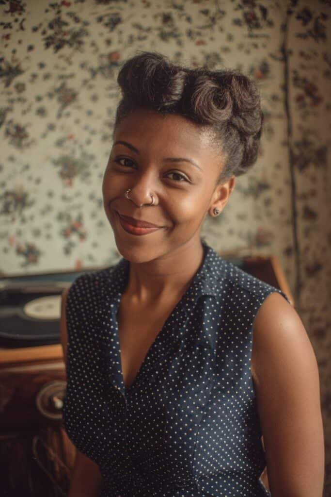 Black woman wearing classic victory rolls