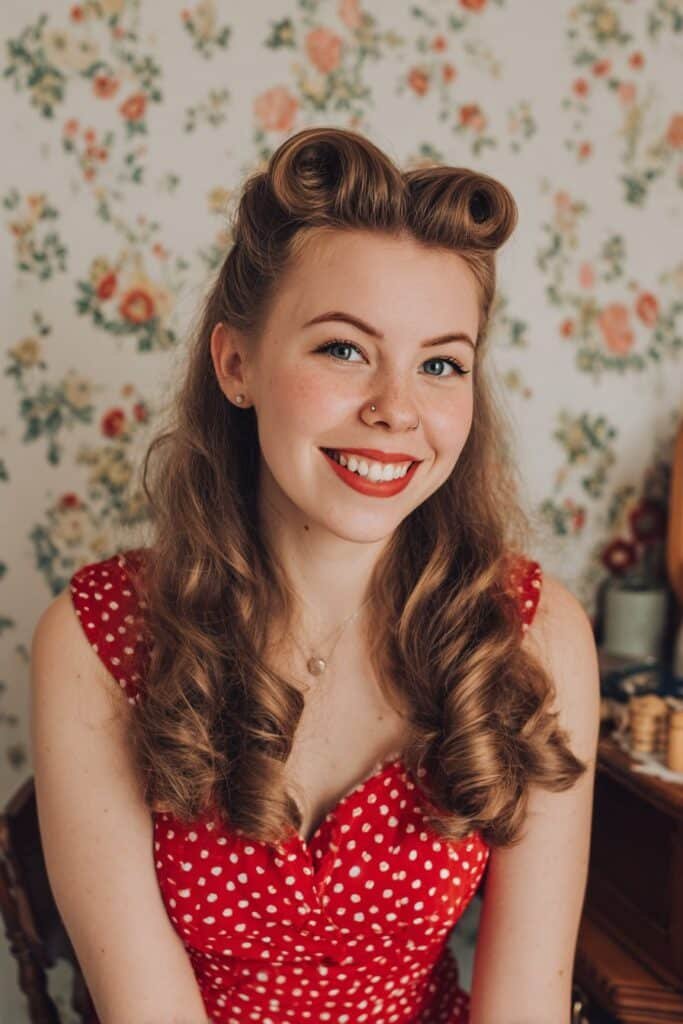 Woman with 1950s victory rolls featuring sculpted curls and vintage pin-up style