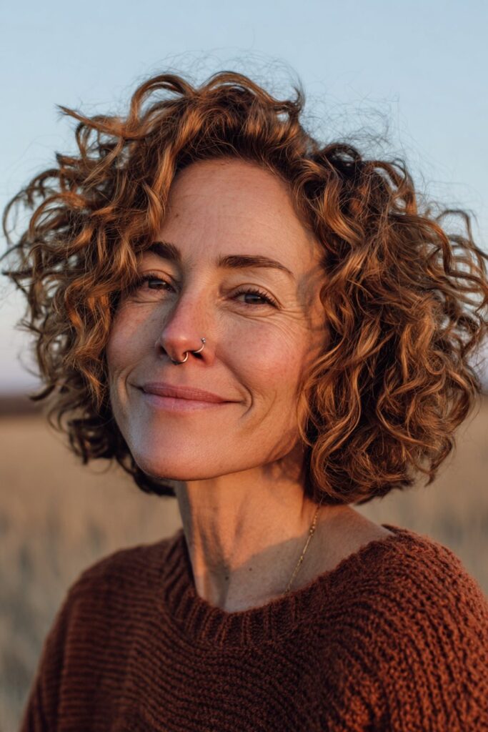 Woman over 40 with a voluminous curly layered bob.