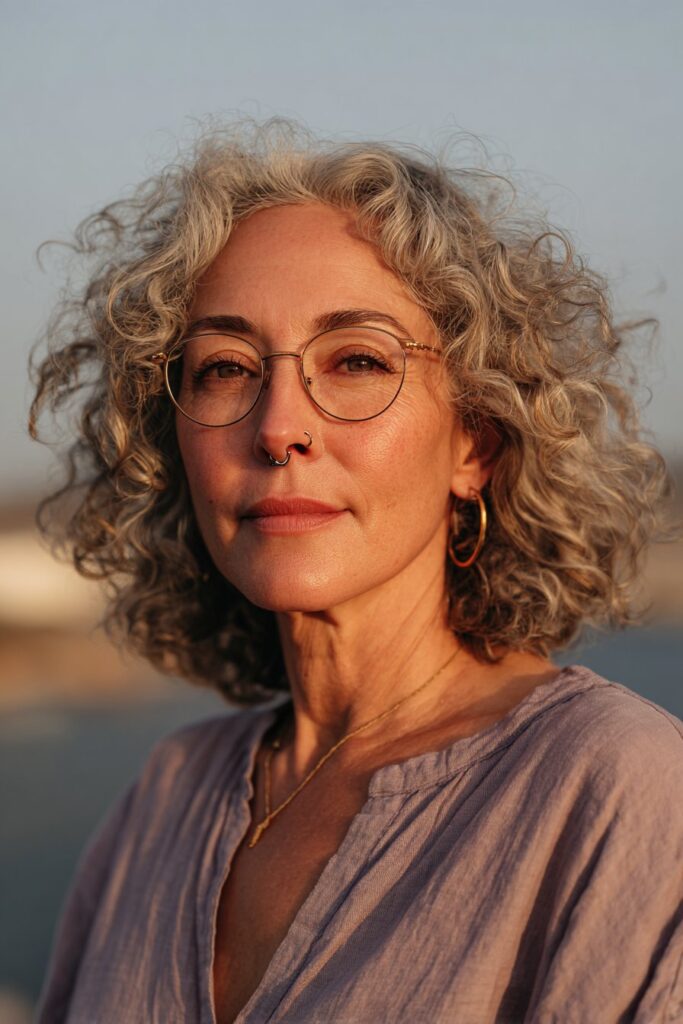 Older woman with a voluminous curly shag and face-framing layers.