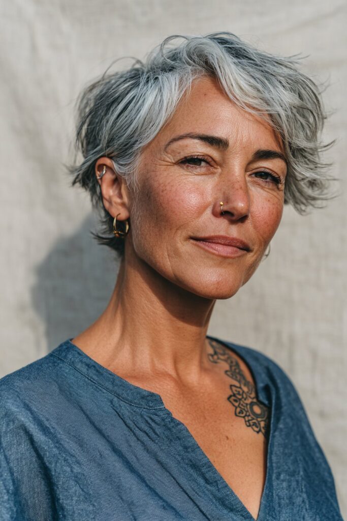 Woman over 50 with a voluminous gray pixie bob and feathered layers