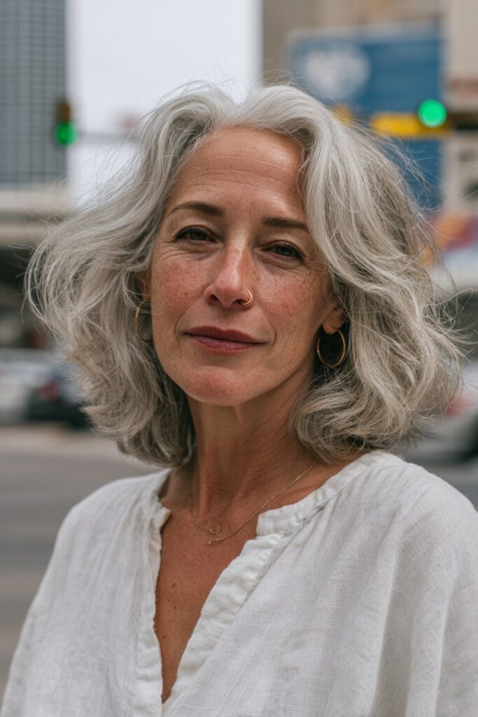 Voluminous layered lob on a smiling older woman