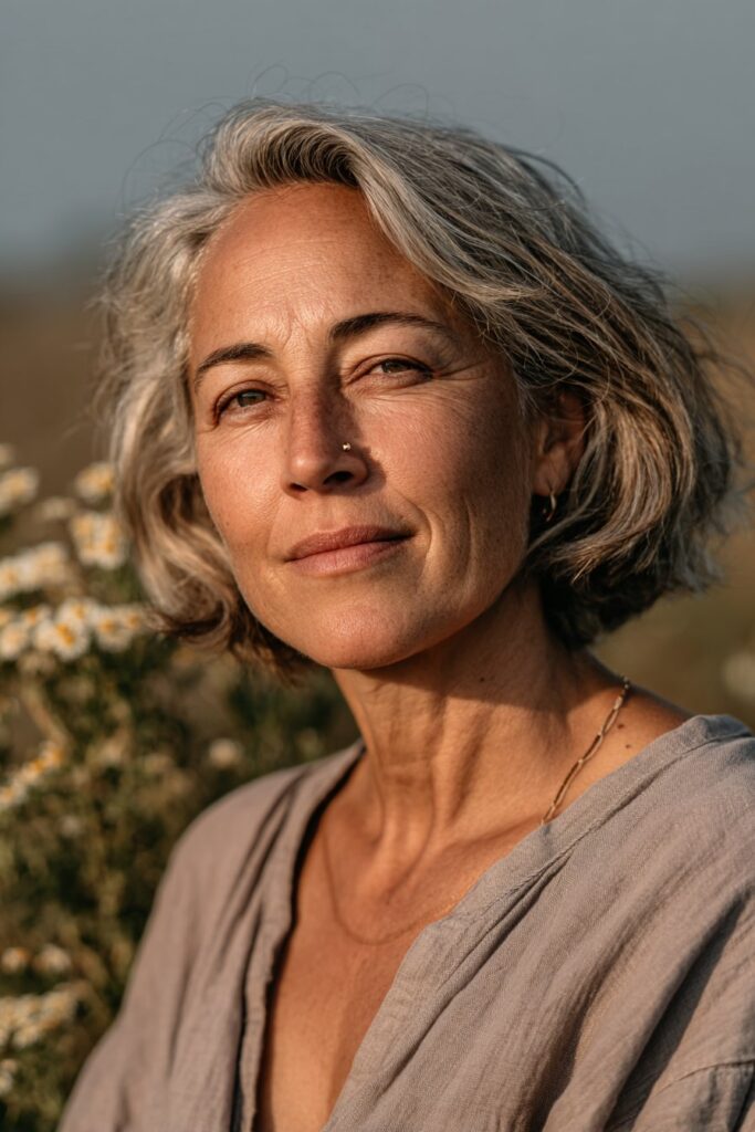 Older woman with a wispy asymmetrical bob