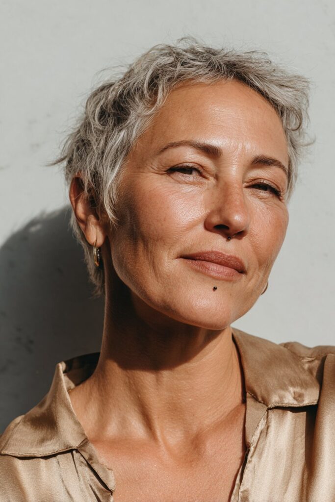 Woman with a wispy bixie cut hairstyle