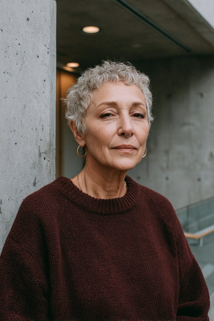 Older woman with a wispy choppy pixie