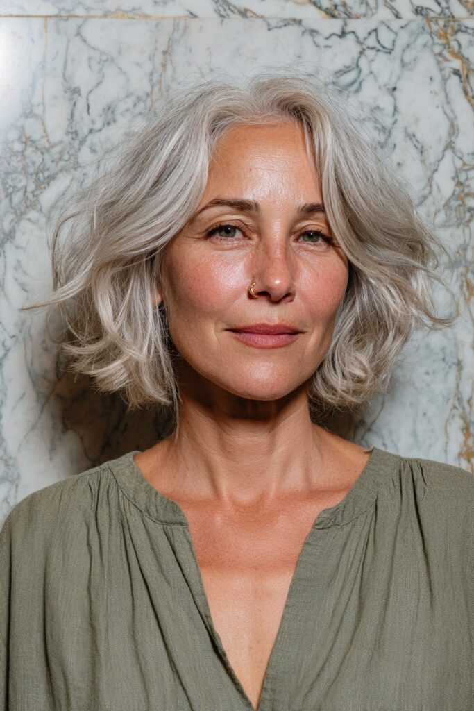 Woman over 40 with a wispy layered bob hairstyle.