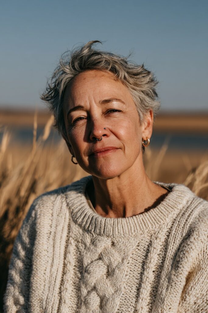 Older woman with a wispy pixie cut and feathered layers