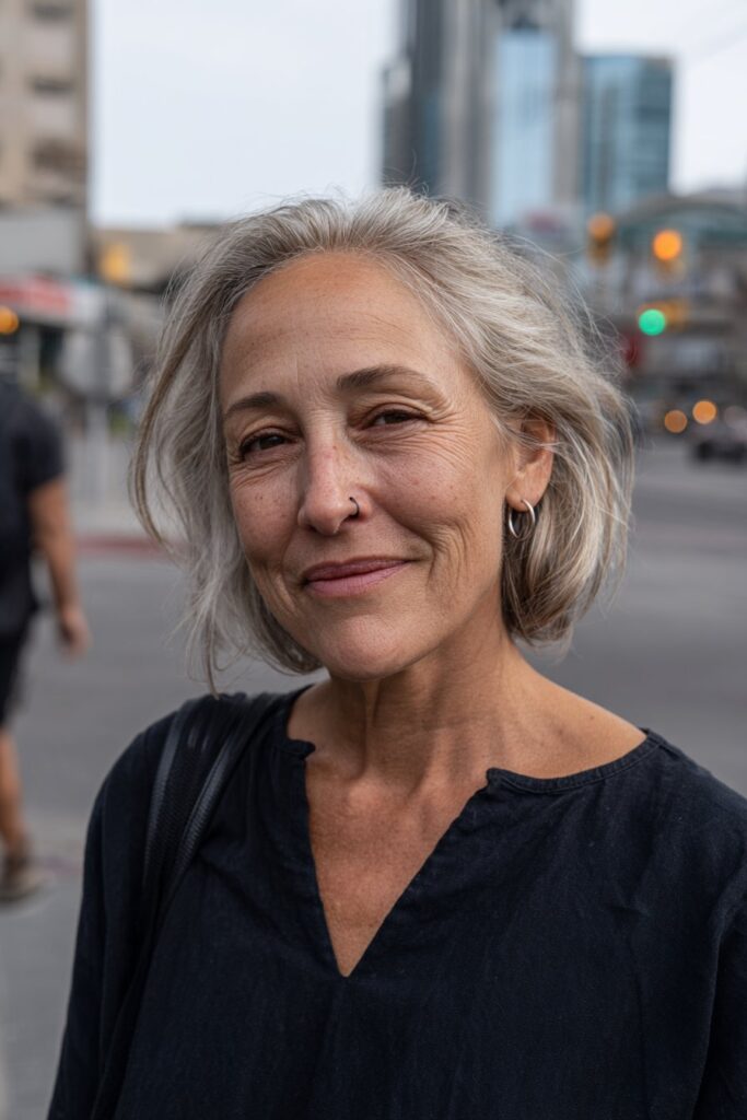 Woman wearing a wispy side-parted bob