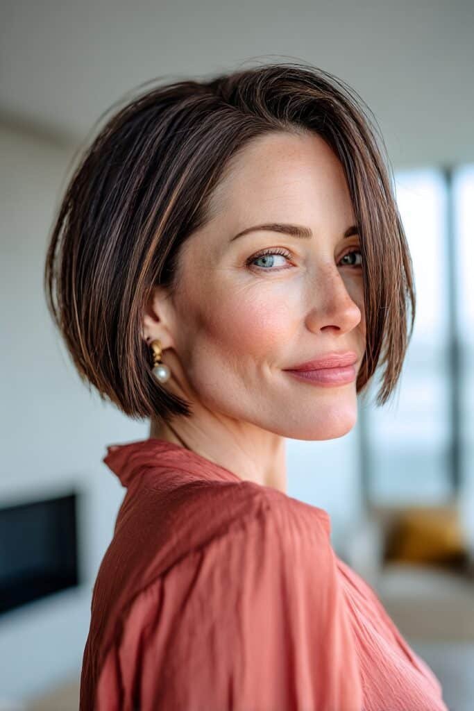 Sleek A-line bob with a stacked back, longer front sections, and rich mocha brown hair for a polished mature hairstyle.
