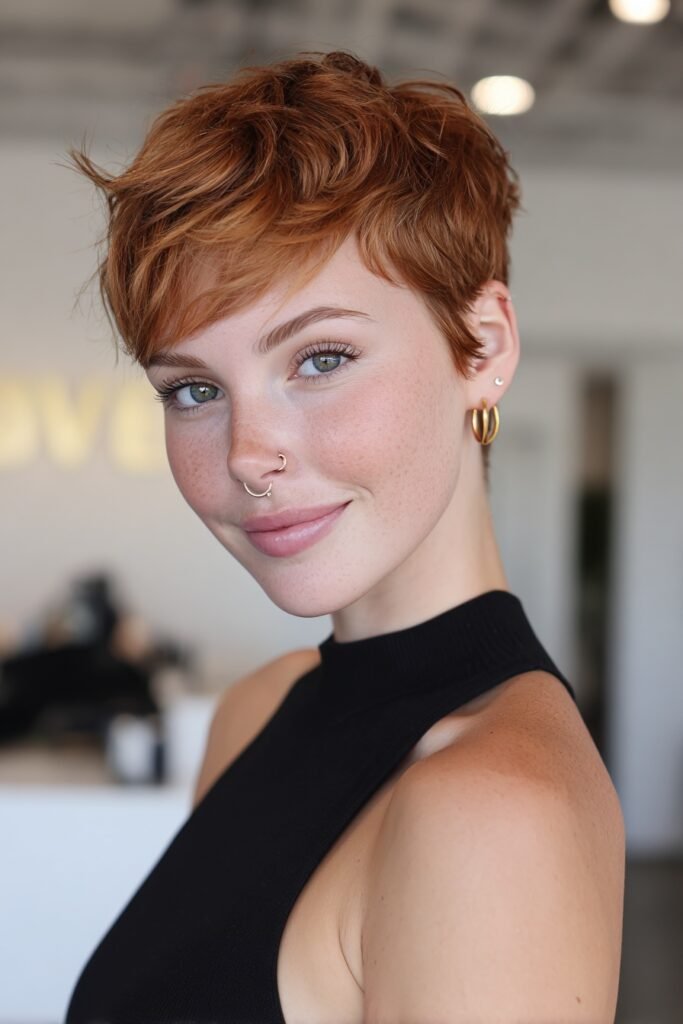 Short pixie cut with an all-over warm toffee brown hair color featuring textured layers and glossy salon styling.
