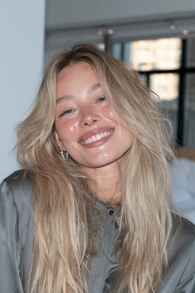 Long ash blonde wolf cut with darker roots, textured crown, choppy layers, and long feathered ends.
