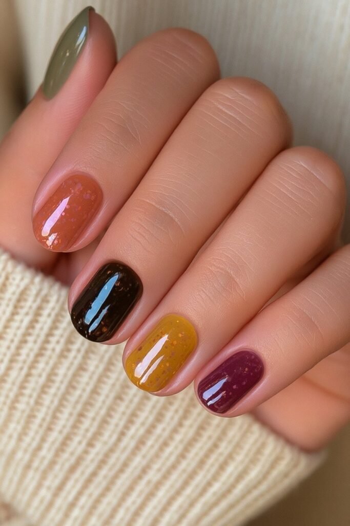 Short skittle nails in mixed autumn-inspired colors.