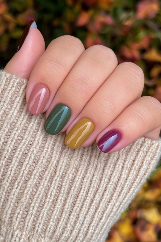 Short skittle nails in classic autumn shades.