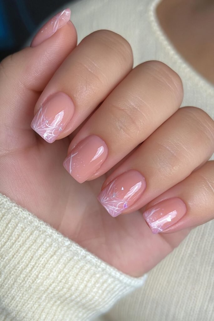 Short baby pink nails with delicate spider web art.
