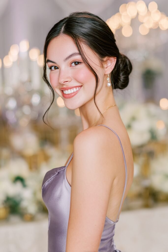 Balletcore low bun with a sleek center part and polished finish, offering a timeless formal hairstyle for homecoming.