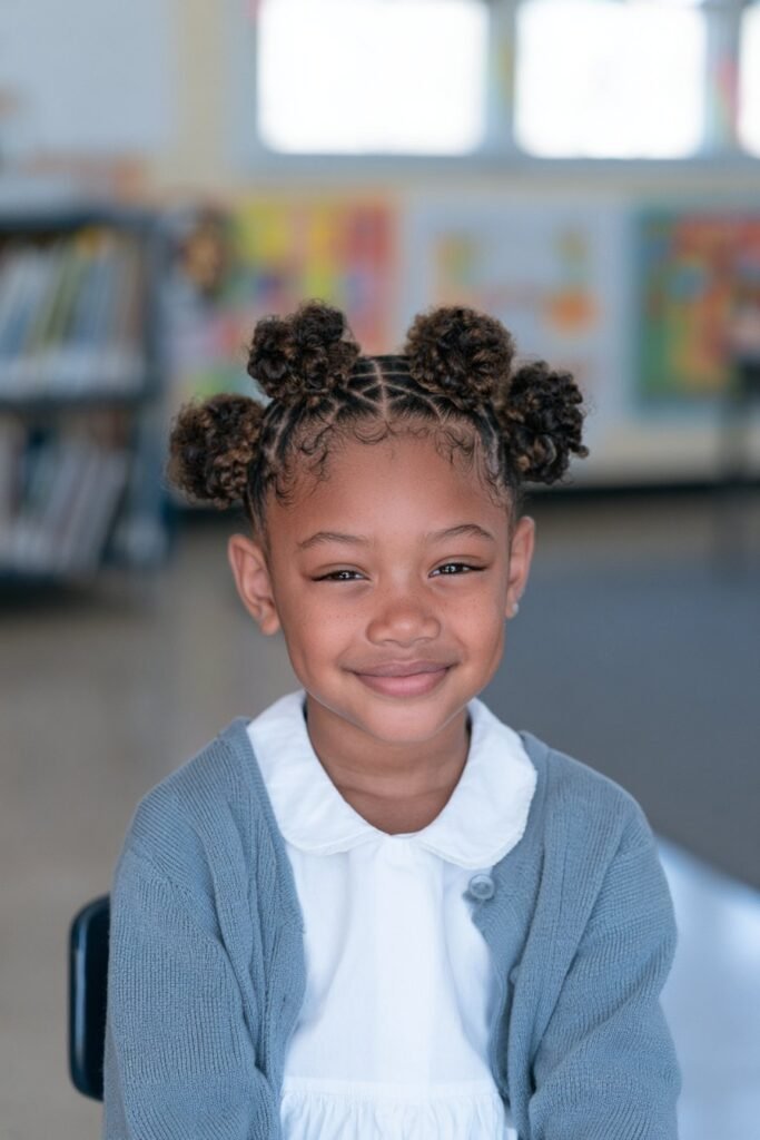 Little Black girl with neat Bantu knots and colorful hair ties