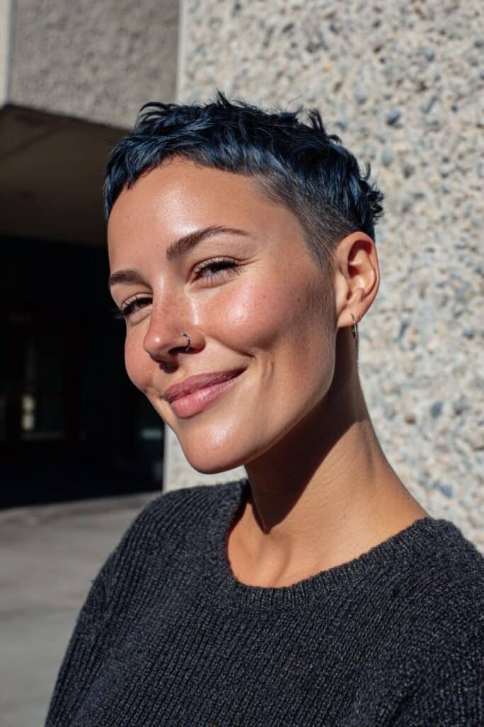 Medium close-up portrait highlighting a textured blue-black pixie cut with modern styling