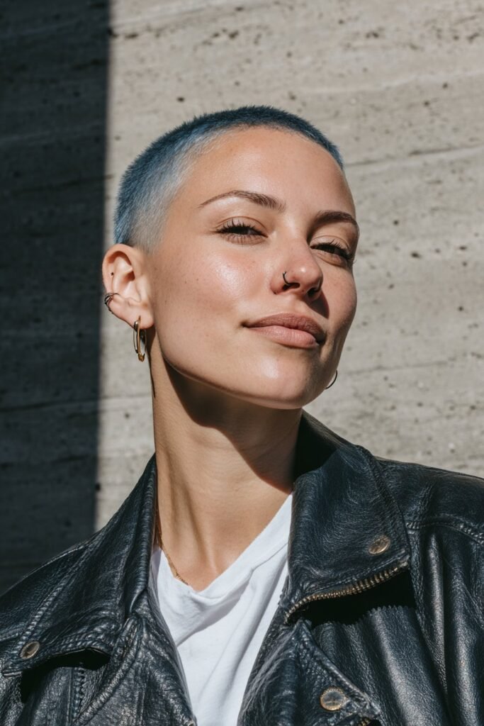 Medium close-up portrait highlighting an edgy blue undercut pixie hairstyle