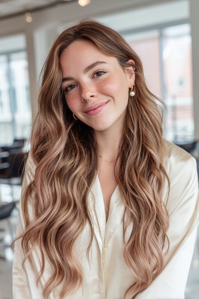 Brunette woman with blush rose balayage on long wavy hair featuring hand-painted pink highlights and glossy dimension.
