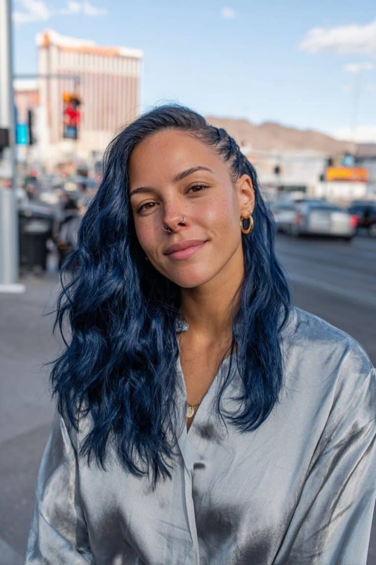 Medium close-up portrait showcasing bold all-over midnight blue statement hair