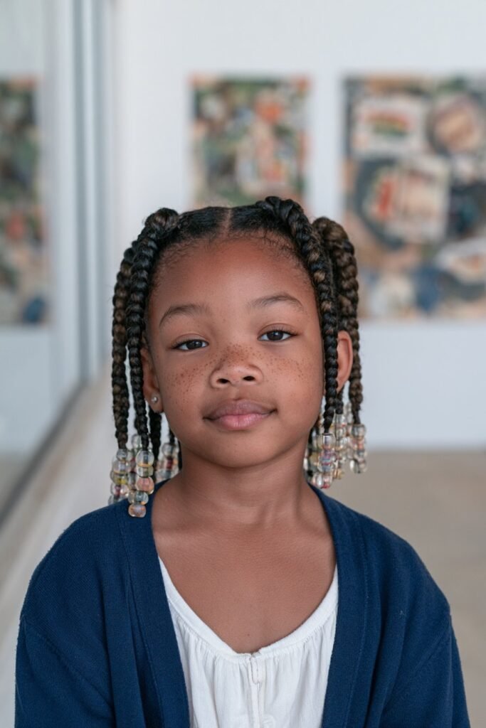 Black girl with medium box braids and colorful translucent beads