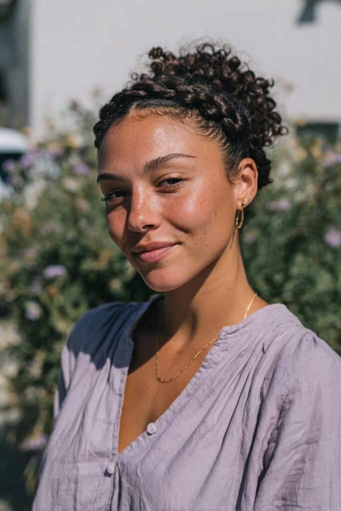 Young woman with a braided crown and loose voluminous curls