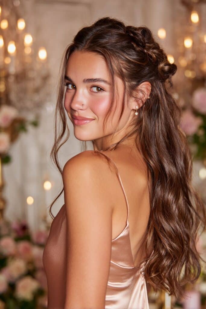 Braided flower half-up hairstyle featuring floral braided details and long cascading curls for homecoming.