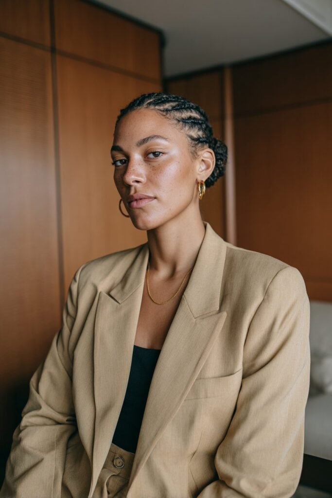 Black woman wearing a sleek braided bun with a precise side part.