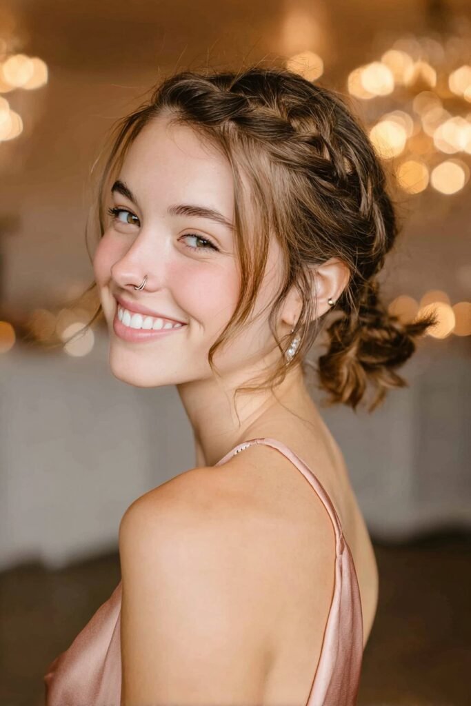 Short chin-length bob with a braided crown leading into a tiny low ponytail, perfect for a stylish short hair homecoming look.