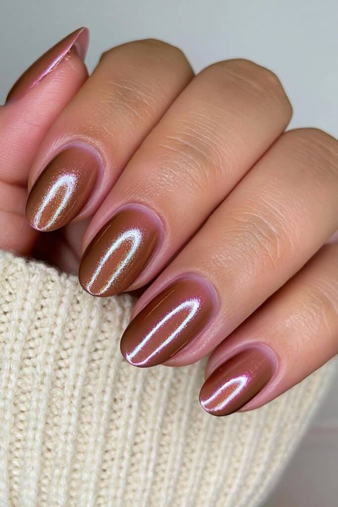 Short round deep bronze-brown chrome nails with a highly reflective mirror effect.