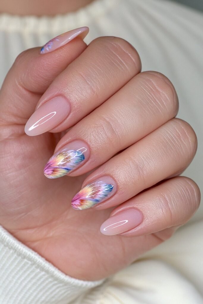 Short nails with detailed warm-toned butterfly wing art.