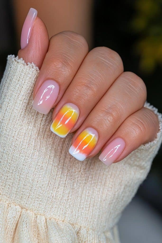 Short nails with candy-corn striped accent nail.