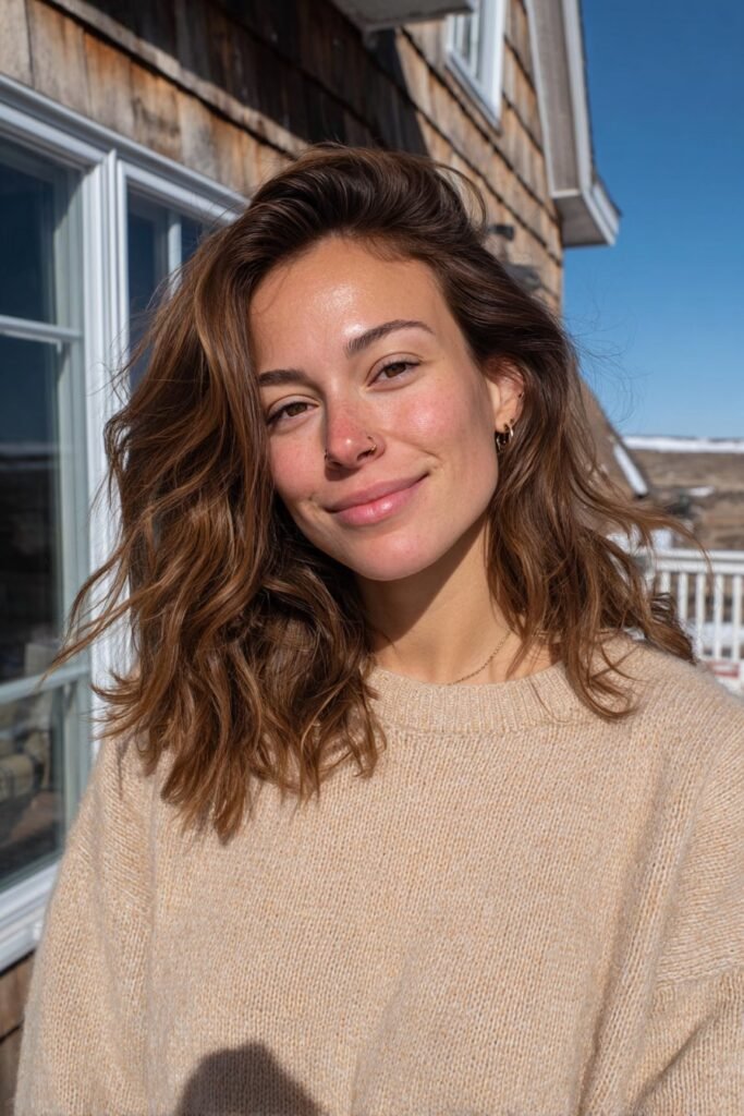 Rich brunette hair with caramel dimension, glossy shine, and flowing layered waves.